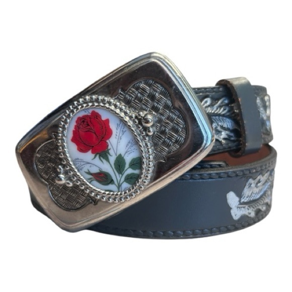 Mallory Black Western Leather Embossed Belt Silver Tone Buckle with Rose Inlay - Picture 7 of 7